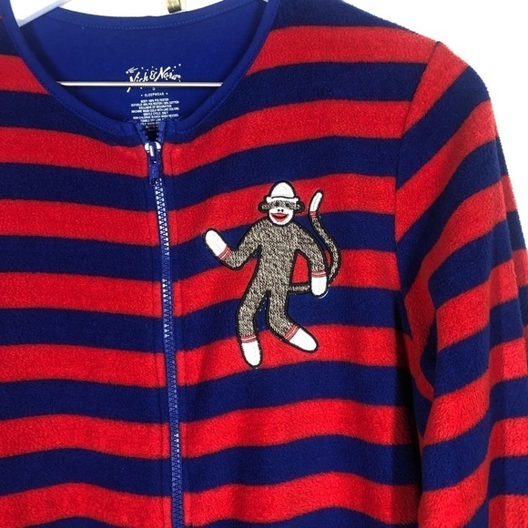 Nick & Nora Sock Monkey Zip Up Onesie Sleepwear Pajamas One Piece Small Red Blue - Picture 4 of 10